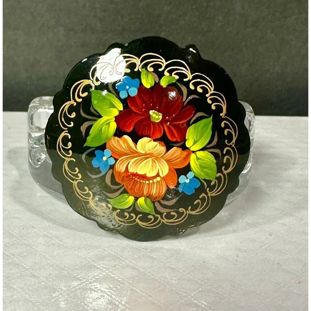 Vintage Authentic Russian Zhostovo Hand Painted Floral Lacquer Pin Brooch Black